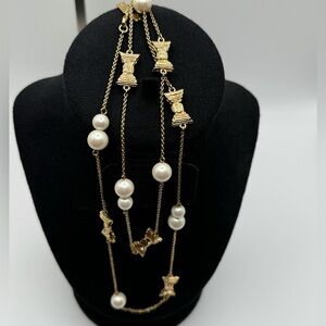 Kate Spade New York Long Chain Necklace Pearls Bow Scatter, Cream Gold Pearl Bow